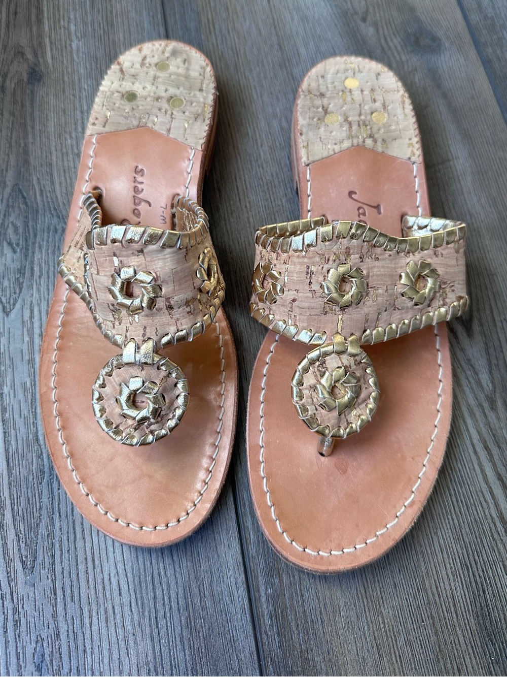 Jack Rogers Cork Leather Sandals Gold Whipstitch Thong Size 7 Boho Summer
